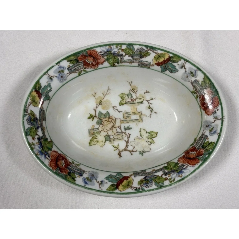 Vintage Shenango China Oval Restaurant Ware Berry Bowl Green Floral Peony Fence